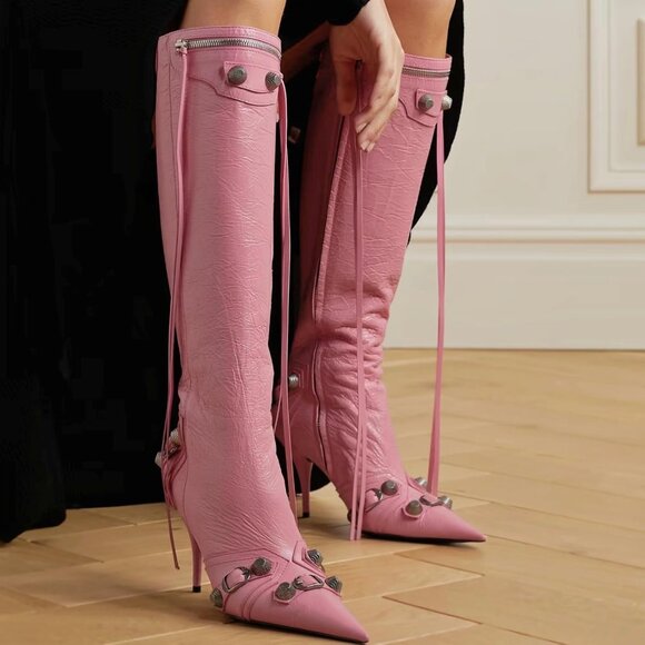 Women's Faux Leather Pink Stiletto Knee High Pointed Toe High Heel Zipper Boots - Picture 7 of 7